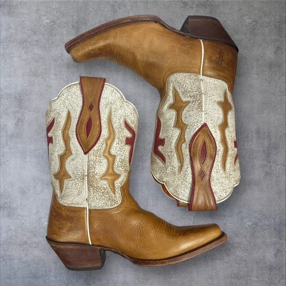 Frye Lilly Short Tan Leather Western Boots Womens 6B Inlay Detail Boho Festival - Picture 7 of 12